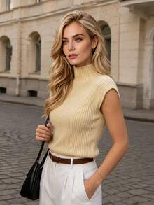 Nicenter Women's Fall‑Winter Sweater Tops Chic Ribbed Knit Mock Neck Sleeveless Regular Fit Knit Vest Sweater Daily Fall‑Winter Outfit For Women - Beige - View 6