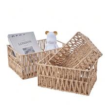 Natural Brown Paper Rope Storage Baskets – Set Of 3 Rectangular Woven Organizers For Living Room, Bathroom, Bedroom & Office Use | -Friendly, Lightweight & Foldable Design | Neutral Home Dr Accent With Textured Weave | Sturdy Handwoven Look, So - Brown - View 1