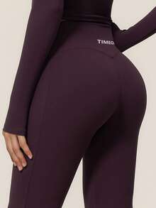 TimeOff 女款純色交叉V領短款長袖喇叭中長褲套裝，百搭舒適皮拉提跑步運動套裝 - 紫色 - 查看 10
