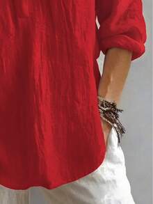 Plus Size Women's Solid Color Button Design Half-Open Front Shirt Comfortable For Daily Wear Red - Red - View 4