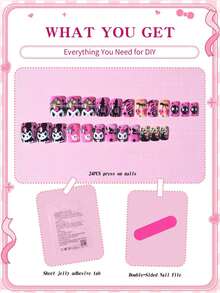 Sanrio Hello Kitty 萬聖節 24片短方型法式穿戴甲，可愛 Kuromi、幽靈與蝙蝠圖案，完美貼合的壓克力假指甲套組，含 1 個果凍膠與 1 個指甲锉，適合女孩與女性日常使用及家庭聚會 - 彩色 - 查看 3