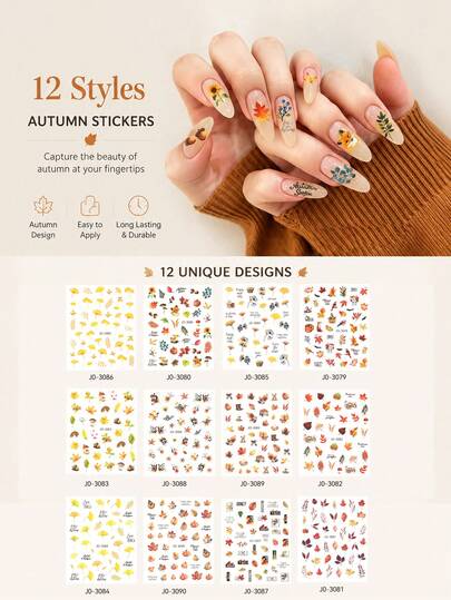 12 Sheets Limited Edition Autumn Maple Leaf Nail Stickers Fall Halloween Thanksgiving Self Adhesive Nail Decals DIY Manicure Decor