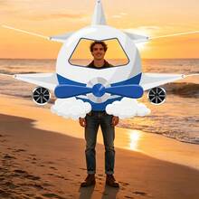1pc Blue And White Cartoon Airplane Hollow Background Cloth, White And Blue Airplane Design, Birthday Party Interactive Photo Prop, Aviation Science Lesson Decoration, Aviation Theme Exhibition Photo Spot, Parent-Child Fun - Blue and White Airplane - View 4