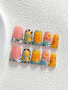 10pcs Y2K Style Handmade Press-On Nails, Polygel Nail Art Set, Tortoise Shell & Floral Pattern, Orange & Blue Nails, Sweet & Cool Vacation Style, Includes Nail Tools, 3 Sizes Available, Almond/Duck/Coffin Shape, Suitable For Party, Dancing, Daily Wear - Multicolor - View 14