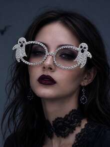 1pc Fully Rhinestone Bat Wing Halloween Cute Spooky Ghost Decorative Eyeglass Frame, Lensless Gothic Punk Halloween Horror Women's Party Photo Prop Fashion Accessory - YJK1132 - View 3