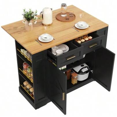 Modern Kitchen Island, Kitchen Cabinet, Buffet, Serving Cart With Wood Grain, Buffet, Multifunctional Dining Table With Storage, Serving Cart With Pull-Out Cabinets, Black