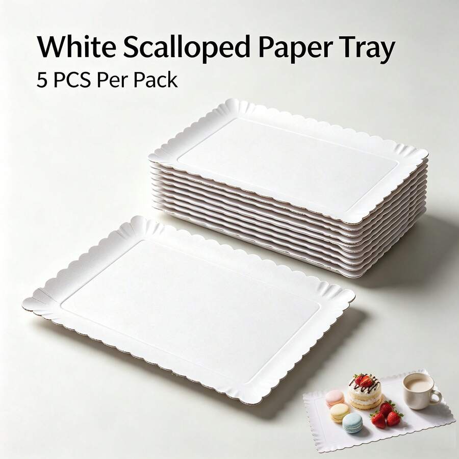 5pcs White Rectangular Cake Trays, Heavy Duty Cardboard Trays, Oil-Resistant Wavy Edge Cake Base, Dessert Table Serving Platters, For Cupcake Display Decoration, Suitable For Birthday Party, Wedding, Catering - White - View 1