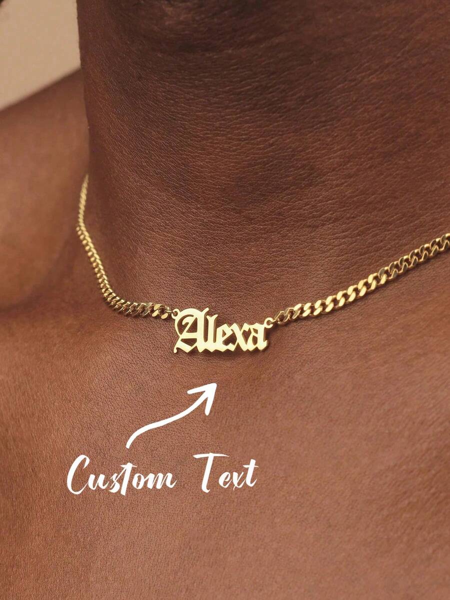 1pc Customized Gothic Women's Name Necklace, 18K Gold Stainless Steel Cuban Chain Name Necklace, Women's Wedding Jewelry Gift - Multicolor - View 1