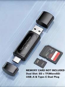 Dual Slot Card Reader USB-A & Type-C 2-In-1 SD TF Card Adapter, Supports SD/TF/SDHC/SDXC, Portable Mini Size, Suitable For Phones And Laptops, Thin Plastic Shell, Dual Slots May Not Read Simultaneously Stably, Memory Card Not Included - Black and White - View 2