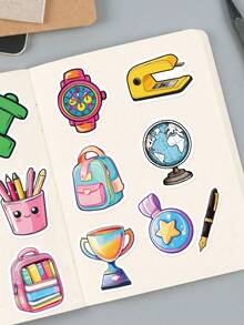 50Pcs Cute School Stationery Stickers, Back To School Study Decals, Pencil Backpack Globe Microscope Vinyl Decals Fit Vision Board, Student Journal Phone Case Laptop - Multicolor - View 5