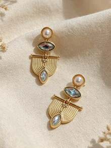 1 Pair Vintage Elegant Geometric Moonstone & Pearl Design Pendant Earrings, Suitable For Women's Daily, Party, Travel Wear Jewelry Gift - Yellow Gold - View 3