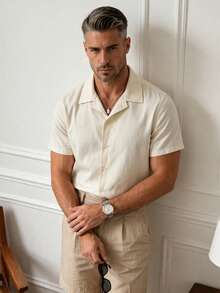 Men's Summer Solid Color Short Sleeve Loose Fit Cuban Collar Casual Shirt - Apricot - View 3