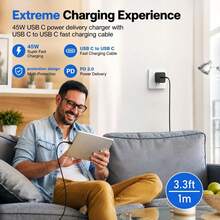 1 Set, Brand New 45W GaN Ultra Fast Charging Kit, US Standard Plug, Wall Charger, Compatible With IPhone 17/16/15/14/13/12 Series, Compatible With Samsung Series, Suitable For Mobile Phones/Tablets/Headphones And Other Devices, Suitable For Travel/Dormitory/Home Multi Scenario Use - US A Type Plug(110-127V) - View 8