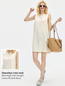 Leorrey 1pc Women's Fashion Long Tank Dress, Round Neck, Sleeveless, Ruched Cuffs, Loose, Soft, Comfortable, Sports Dress - Beige - View 2