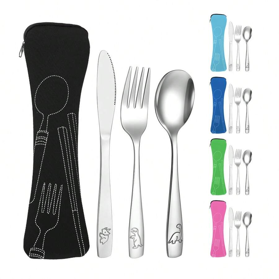 4Pcs Reusable Stainless Steel Student Cutlery Set, Lightweight Rust-Proof Knife Fork Spoon With Storage Bag For Camping Travel Picnic Work Hiking - - - View 1