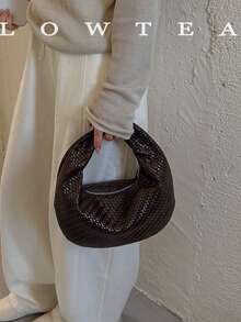 low tea 1pc Minimalist Fashion Woven Texture PU Fabric Handbag, Suitable For Commuting, Shopping And More - Coffee - View 2
