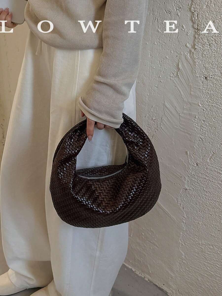 low tea 1pc Minimalist Fashion Woven Texture PU Fabric Handbag, Suitable For Commuting, Shopping And More