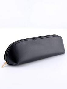 1/2 buah/1 set Kotak Pensil Kulit PU Minimalis Warna Polos Kapasitas Besar, Cocok untuk Kosmetik, Kuas, dan Perlengkapan Sekolah (Set Penghapus Opsional) - hitam - View 1