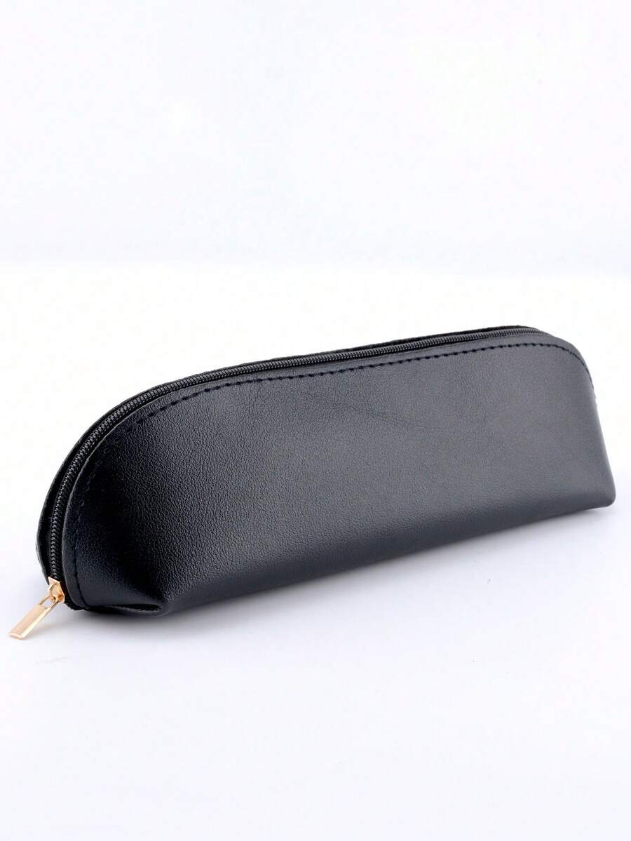 1/2 buah/1 set Kotak Pensil Kulit PU Minimalis Warna Polos Kapasitas Besar, Cocok untuk Kosmetik, Kuas, dan Perlengkapan Sekolah (Set Penghapus Opsional) - hitam - View 1