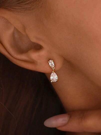 14K Gold Plated Stud Earrings, Women's Formal Wedding Bridal Teardrop Cubic Zirconia Pendant Earrings, Elegant Women's Formal Evening Jewelry Pendant Earrings