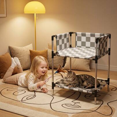 Double-Layer Checkerboard Elevated Cat Bed, Removable & Washable Breathable Pet Bed, Metal Frame Stable Cat Bed, All-Season Design