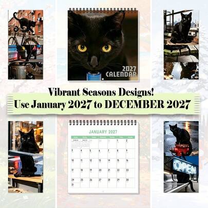 DANPERJI 1pc 8.3x8.3 Inch 2027 Spiral Bound Wall Calendar, Urban Street Black Cat Real Photo, Cute Pet Animal Minimalist Aesthetic, Home Decor, Cat Lover Holiday Gift