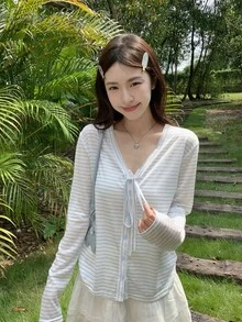 Women's Elegant Casual Striped V-Neck Cardigan Jacket, Autumn Sun Protection Top - Blue - View 1