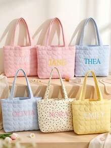 1pc Personalized Name Quilted Plaid Tote Bag, Customized Checkered Shoulder Bag, Bridesmaid Gift, Embroidered Name, Lightweight Shopping Handbag - Multicolor - View 6
