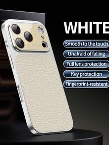 奢華電鍍邊框 AG 玻璃鏡頭保護荔枝紋人造皮革手機殼,適用於 iPhone 17 ProMax 17Pro 17 16 15 14 13 Pro Max,防震軟背蓋 - 銀白色 - 查看 4