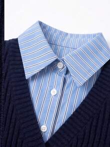 SEREN Autumn/Winter 2 In 1 Shirt Collar Patchwork Badge Embroidered Sweater, Women's College Style Knitwear, Casual Wear - Navy Blue - View 7
