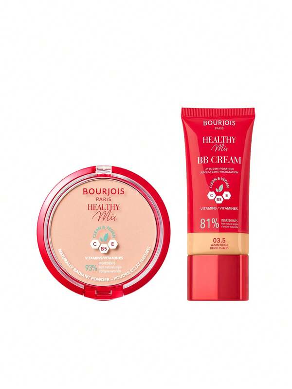 Bourjois [حزمة] مسحوق مطفي صحي نظيف نباتي 03 وردي بيج 10 جرام + كريم بي بي صحي نظيف ونباتي 3.5 بيج دافئ 30 مل