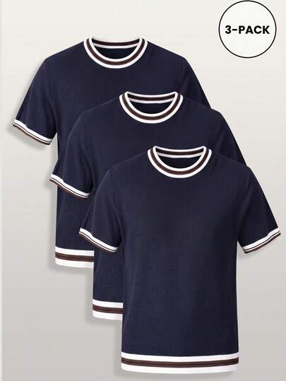 3pcs Men's Summer Mercerized Cotton Contrast Color Crew Neck Slim Fit Short Sleeve Knit Tops
