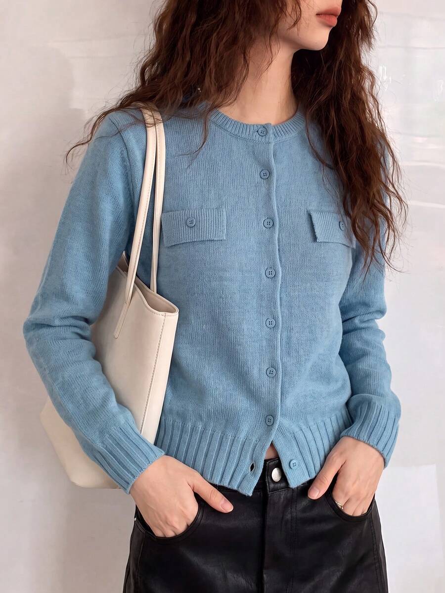 女款秋冬休閒極簡純色寬鬆前口袋翻蓋設計圓領針織開襟毛衣外套 - 薄荷藍 - 查看 1