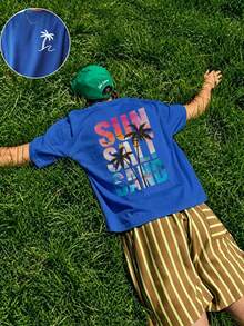 T Summer Men's Slim Fit T-Shirts, With Vibrant 'Sun Sand' Tropical Palm Tree Print For Vacation Beach Travel - Blue - View 4