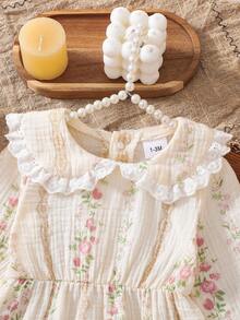 Baby Girl Long Sleeve Romper, Off-White Ditsy Floral With Lace Trim Collar, Cute And Sweet - Apricot - View 4