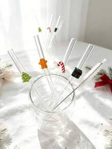 4/6Pcs Shatter Resistant Thick Borosilicate Reusable Glass Straws Set With Assorted Christmas Cartoon Charm,Cartoon Straight Clear Party Glass Drinking Straw, Straw Topper For Kitchen Accessories,Cold Drinks,Milk Tea,Coffee,Juice,Bar,Home,Restaurants - View 3