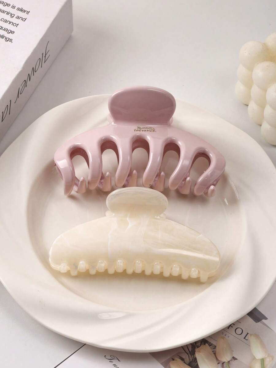 2pcs/1set 4.33inch/11cm Large Hair Clips, Elegant Curved White Solid Color Pink Minimalist Hair Clips, Suitable For Thick Ponytail Daily Styling Accessories - Multicolor - View 1