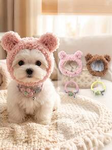 4pcs/Set Plush Bear Ear Pet Hat 2pcs + Flower Bell Collar 2pcs, Cute Photo Props Accessory Set For Cats And Dogs - Multicolor - View 1