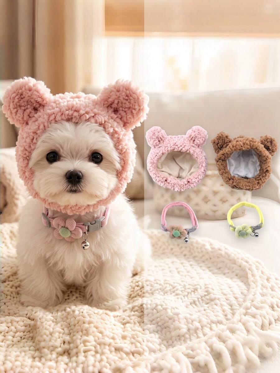 4pcs/Set Plush Bear Ear Pet Hat 2pcs + Flower Bell Collar 2pcs, Cute Photo Props Accessory Set For Cats And Dogs - Multicolor - View 1