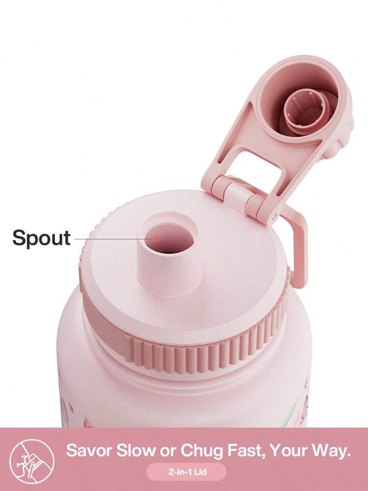 Meoky 40oz Stainless Steel Insulated Sports Water Bottle, Rotating Lid Direct Drinking Design, Patterned, Wide Mouth Double-Wall Leak-Proof, 12 Hours Hot/24 Hours Cold, Suitable For Sports, Outdoor Adventure Or Daily Use - Pink Tulips - View 2
