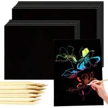 Rainbow Scratch Art Paper Set, Includes 50 Sheets Of Scratch Paper, 4 Reusable Templates, Scratching Pens And Cleaning Brush, Suitable For DIY Painting, Creative Crafts And Art Projects - One Size Fits All - View 4