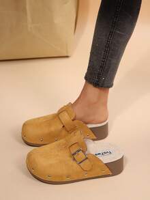 Comfortable Warm Commuter Mule Slippers With Closed Toe, Easy Slip-On Indoor House Shoes - Yellow - View 1
