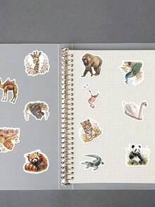 50 Peças Adesivos de Decoração Vintage de Animais para Volta às Aulas, Ilustrações Feitas à Mão de Panda, Tigre, Leão, Panda Vermelho e Girafa, para Diário, Garrafa de Água, Bagagem, Decoração DIY de Festa de Zoológico Vintage - Multicolorido - Visão 7