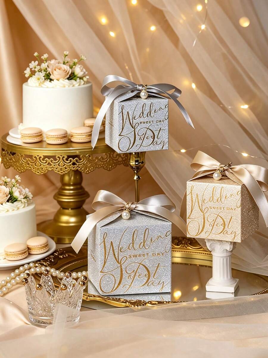 2/4pcs-Shimmering Silver/Champagne Gold Wedding Favor Boxes (Accessories Included) – Mini Square Candy Gift Boxes; Featuring Satin Ribbon, Suitable For Wedding Reception Table Decor, Bridal Showers, And Engagement Parties. - Multiple Styles - View 1