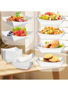 Paquete de 100 bandejas de papel para servir alimentos, recipientes desechables de papel, bandejas/cuencos de papel kraft para servir alimentos, adecuados para aperitivos, sándwiches, barbacoa, patatas fritas, palomitas de maíz, postres, ensaladas, burritos y totopos - Blanco - Ver 7