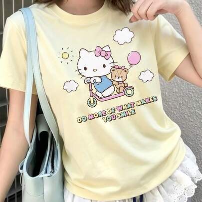 夏用和風かわいい女の子スタイル、サンリオハローキティのリボンシンプル柄プリント、純綿スウィートスタイルTシャツ