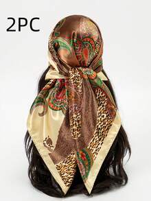 1pc Women's Large Floral Print Scarf, 90cm Big Size Satin Silk-Feel Square Scarf Headscarf - Light Khaki - View 6