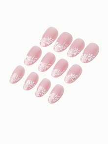 24Pcs Short Oval Press On Nails Set, 3D Embossed White French Flower Pattern Fake Nails, Fresh Minimalist Pastoral Style Nails With Pearlescent Effect, Add Elegance And Softness To Your Look, Perfect For Summer Daily Wear - 白色 - 查看 6