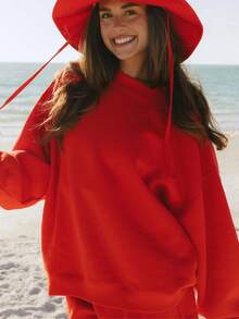 Women's Lazy Style Sweatshirt Shorts Set Oversize Design Sweet Style Versatile For Daily Casual Looks - Red - View 4
