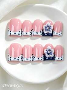 10pcs Handmade Press-On Fake Nails Light Blue Polka Dot Square Tip Nail Stickers, 3D Blue & White Decor Artificial Nails, Suitable For Daily Commute And Party Manicure, Perfect Gift For Women And Girls - Baby Blue - View 1